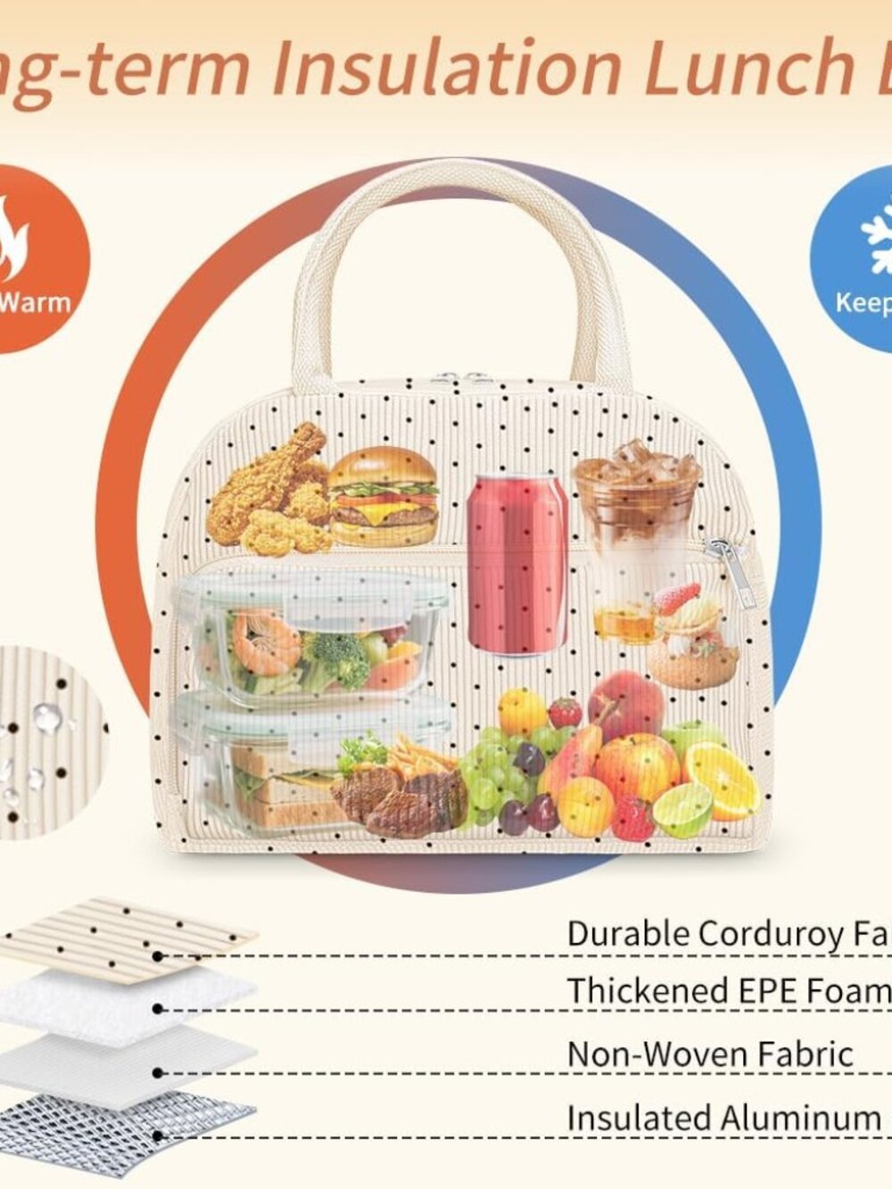 Lunch Bag Lunch Box for Women Men, Reusable Cute Corduroy Lunchbag - Leakproof, - Picture 6 of 9